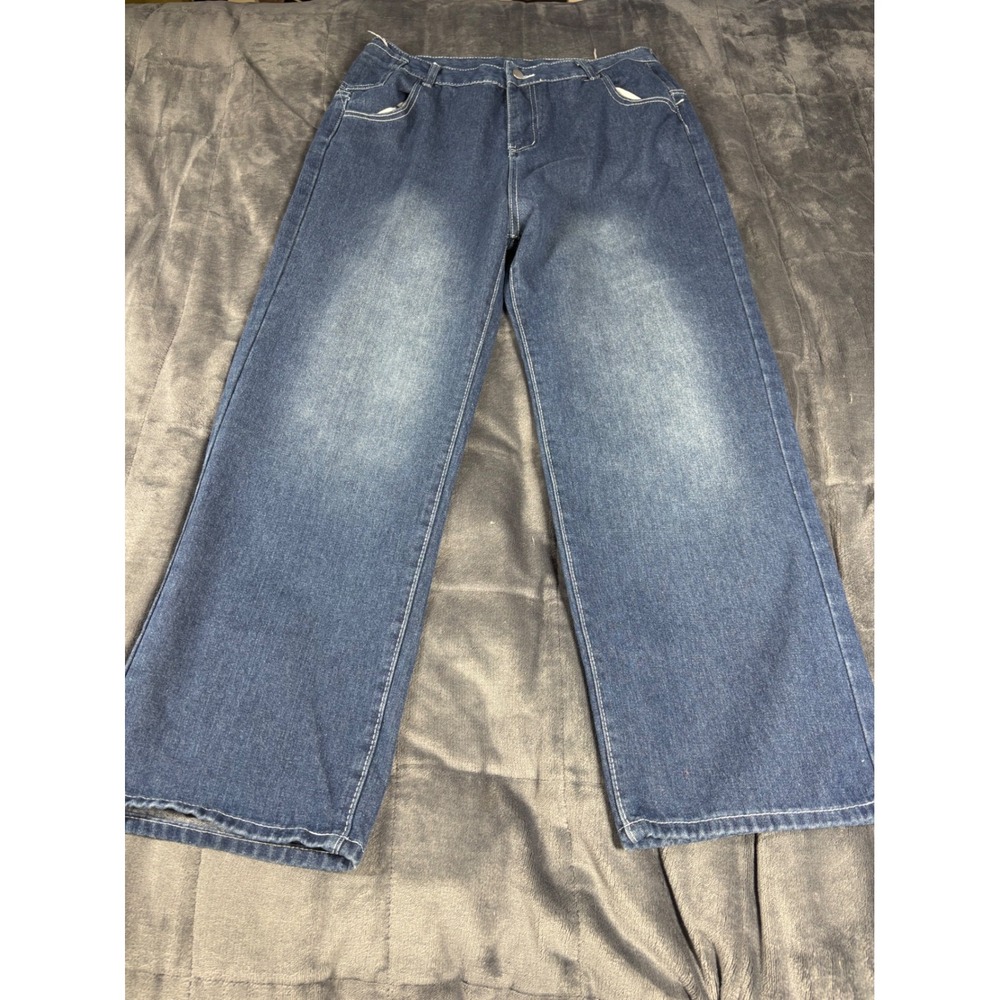 Jeans Mens Wide Leg Relaxed Fit Blue Medium‎ Wash Contrast Stitch Size L 33x27.5